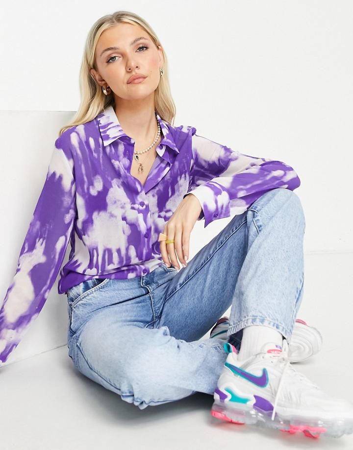 Weekday Long Sleeve Sheer Shirt In Blue Smudge Print - Multi