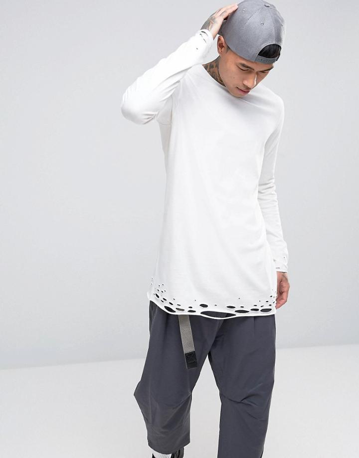 Asos Super Longline Long Sleeve T-shirt With Distressed Hem - White