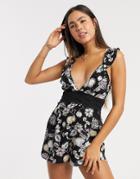 River Island Floral Print Beach Romper In Black