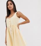 Asos Design Petite Denim Scoop Neck Button Front Skater Mini Dress - Blue