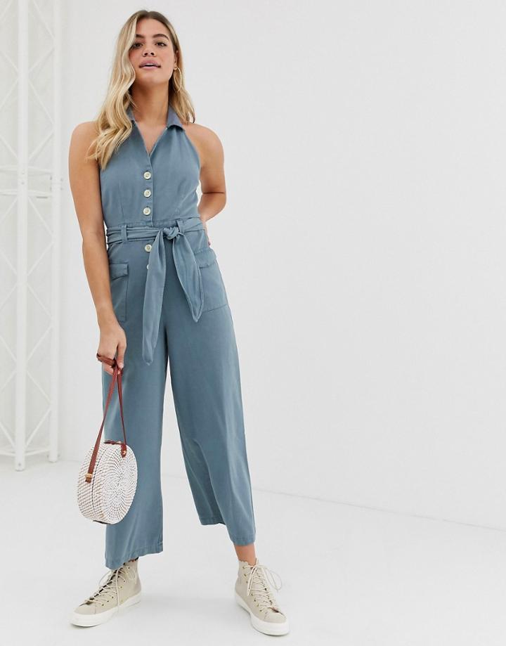 Asos Design Denim Halterneck Blazer Jumpsuit With Belt In Washed Blue