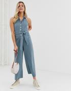 Asos Design Denim Halterneck Blazer Jumpsuit With Belt In Washed Blue