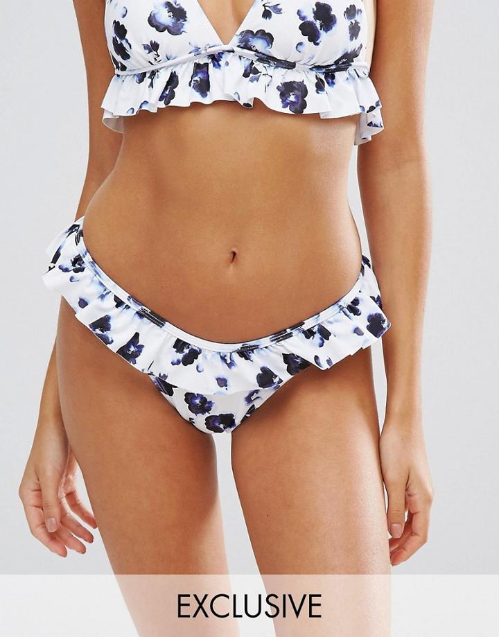 Missguided Floral Print Ruffle Trim Bikini Bottom - White