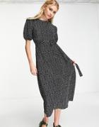 River Island Polka Dot Plisse Tie Waist Midi Dress In Black