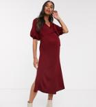 Asos Design Maternity Wrap Midi Dress In Rib Knit With Volume Sleeve-red