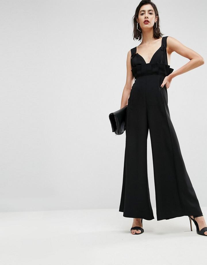 Asos Premium Plunge Neck Wide Leg Jumpsuit - Black