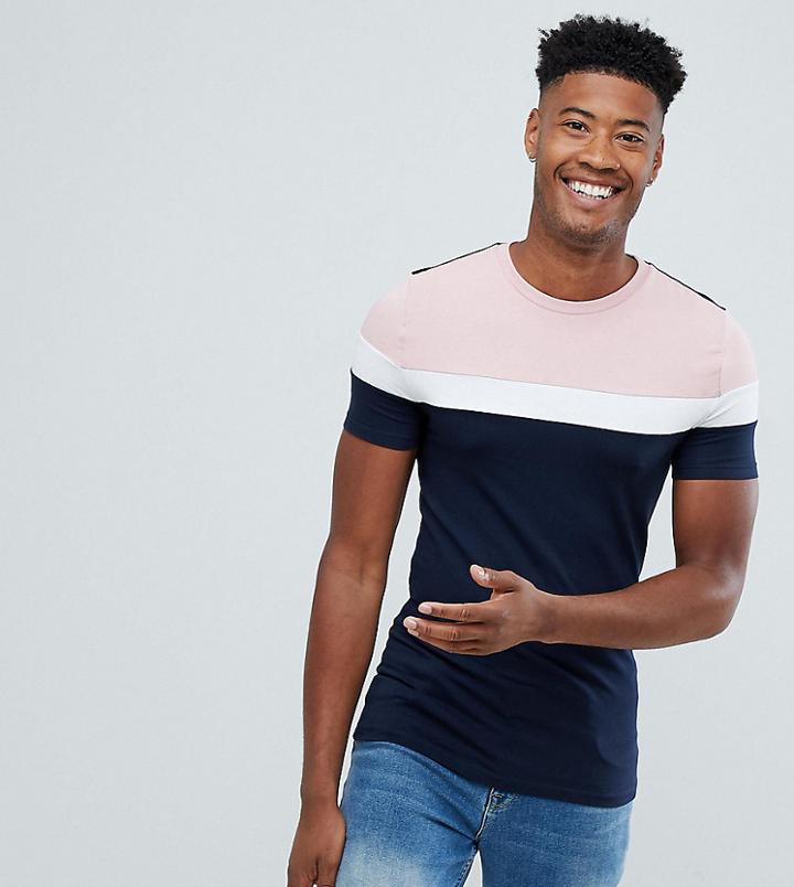 Asos Design Tall Muscle T-shirt With Color Block In Navy - Navy
