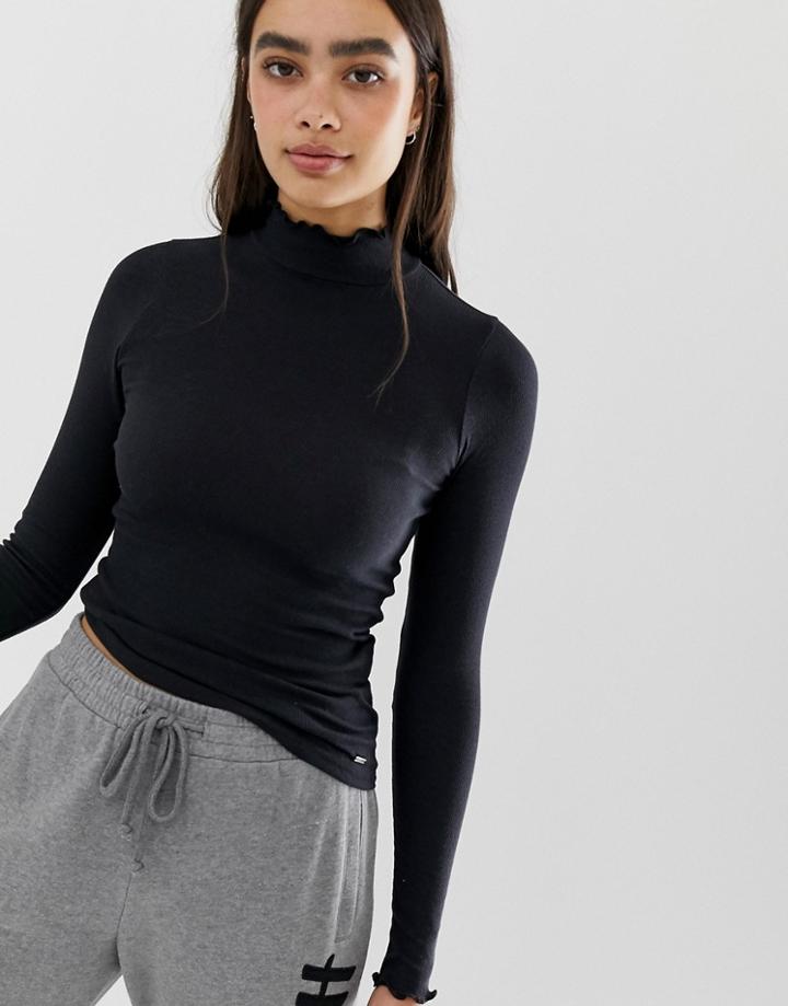 Hollister Long Sleeved Top With High Neck & Crinkle Hem - Black