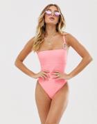 Asos Design Recycled Square Neck Swimsuit With White Marble Ring Detail-pink