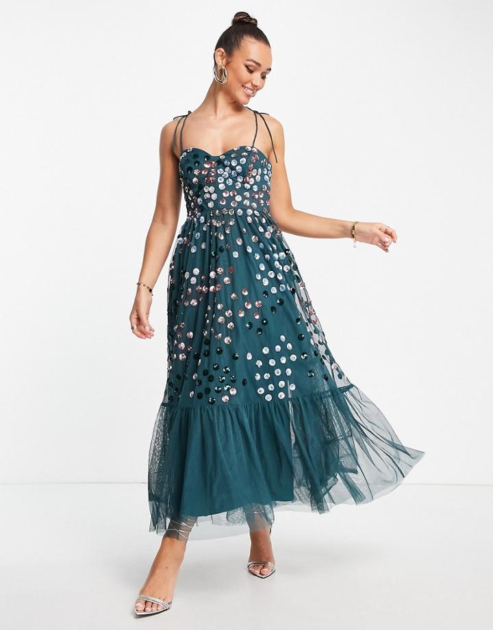 Maya Embellished Maxi Prom Dress With Tie Straps In Dark Green