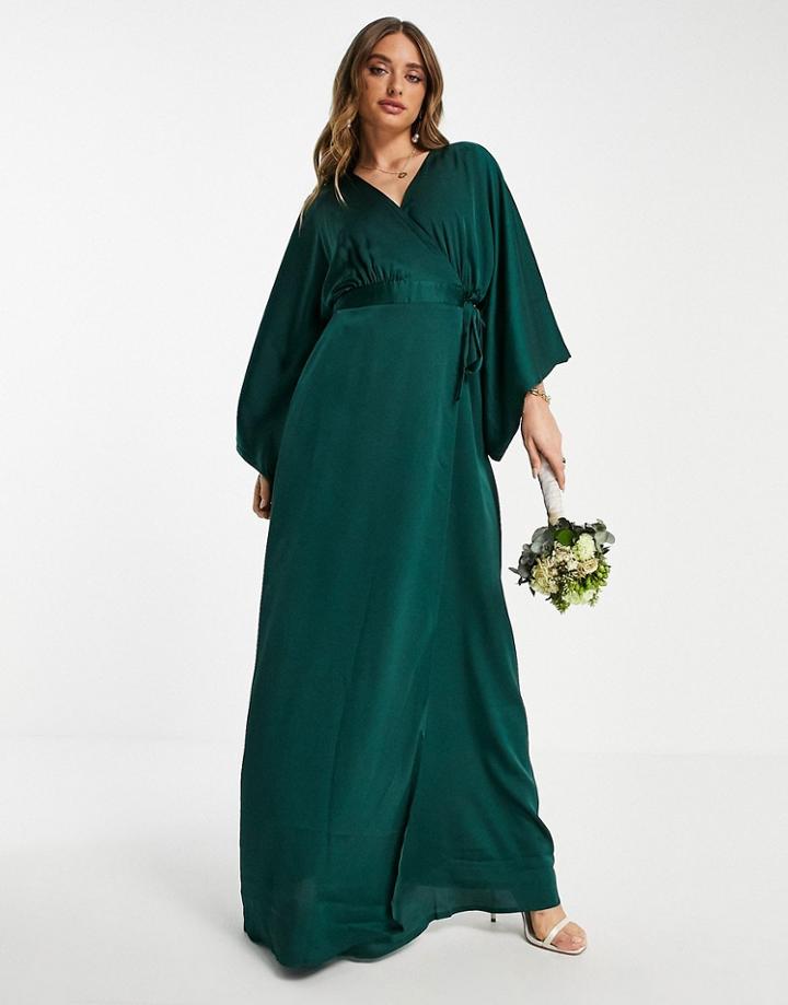 Tfnc Bridesmaid Kimono Sleeve Satin Wrap Maxi Dress In Emerald Green