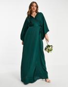 Tfnc Bridesmaid Kimono Sleeve Satin Wrap Maxi Dress In Emerald Green