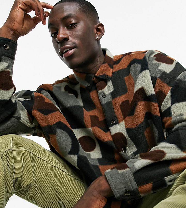 Asos Design Polar Fleece Extreme Oversized Shirt In Geometric Print-brown