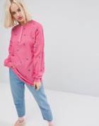 Lazy Oaf Oversized Long Sleeve Button Down T-shirt In Waffle With Tiny Flowers - Pink