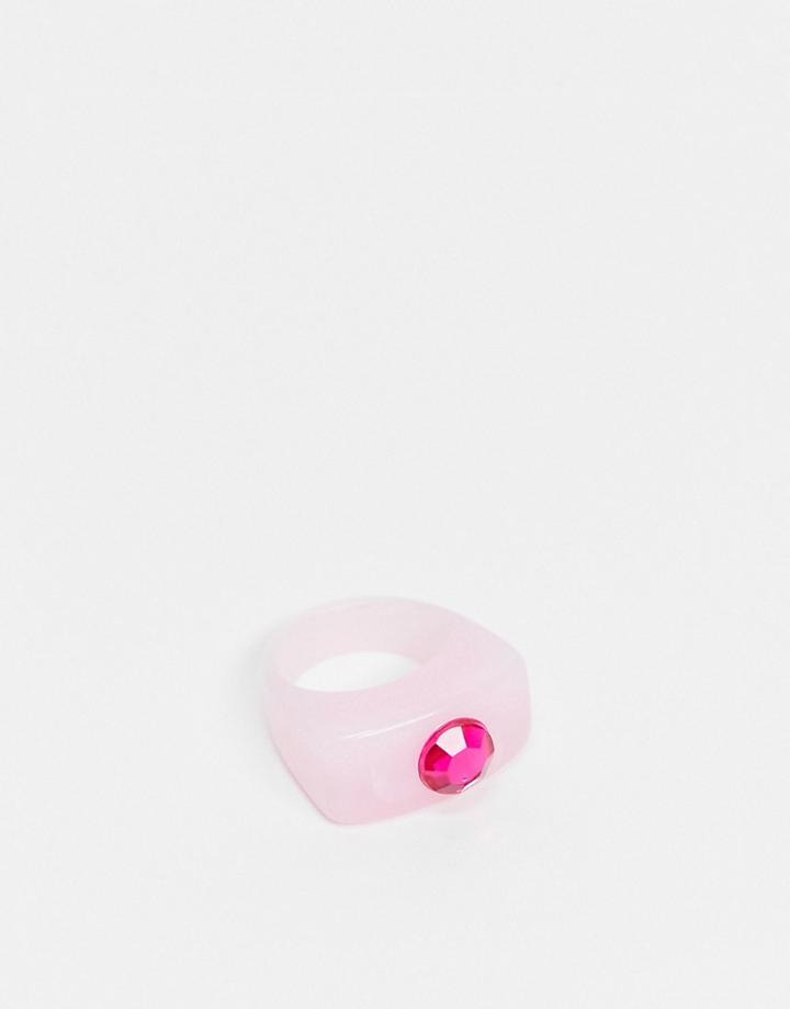 Asos Design Ring In Pink Plastic With Fuchsia Crystal-multi