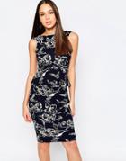 Vesper Yasmin Printed Pencil Dress With Peplum - Navy