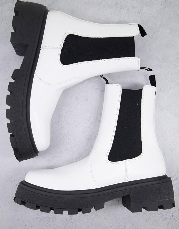 Asos Design Super Chunky Square Toe Chelsea Boot In White Faux Leather With Contrast Sole