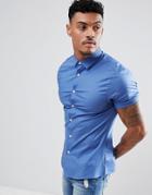 Asos Design Skinny Shirt In Blue With Short Sleeves - Blue