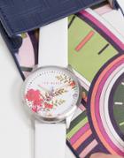 Ted Baker Printed Dial Watch With Leather Strap-white
