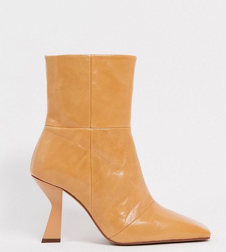 Asos Design Wide Fit Elodie Premium Leather Square Toe Heeled Boots In Natural-neutral