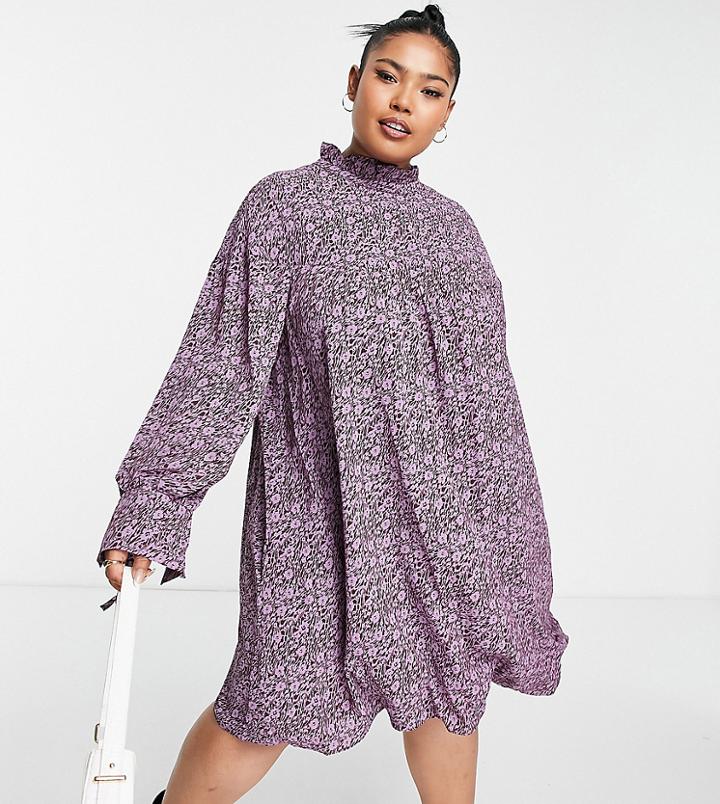 Glamorous Curve Mini Tiered Smock Dress With Neck Tie In Abstract Floral-multi