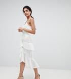 True Decadence Tall Premium Asymmetric Ruffle Lace Midi Skirt-white
