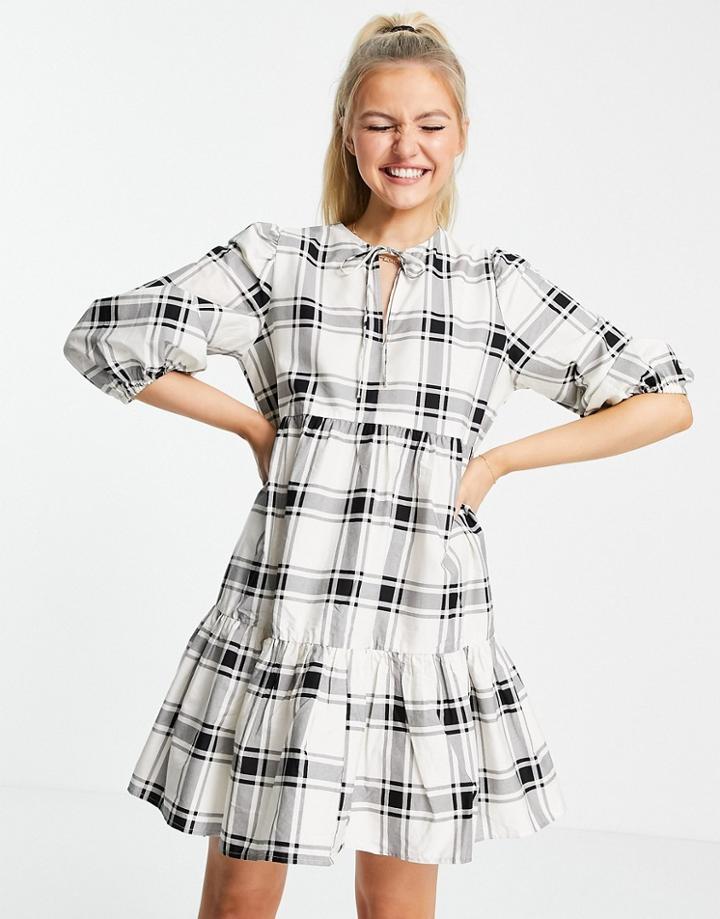 New Look Tie Neck Poplin Smock Dress In White Check