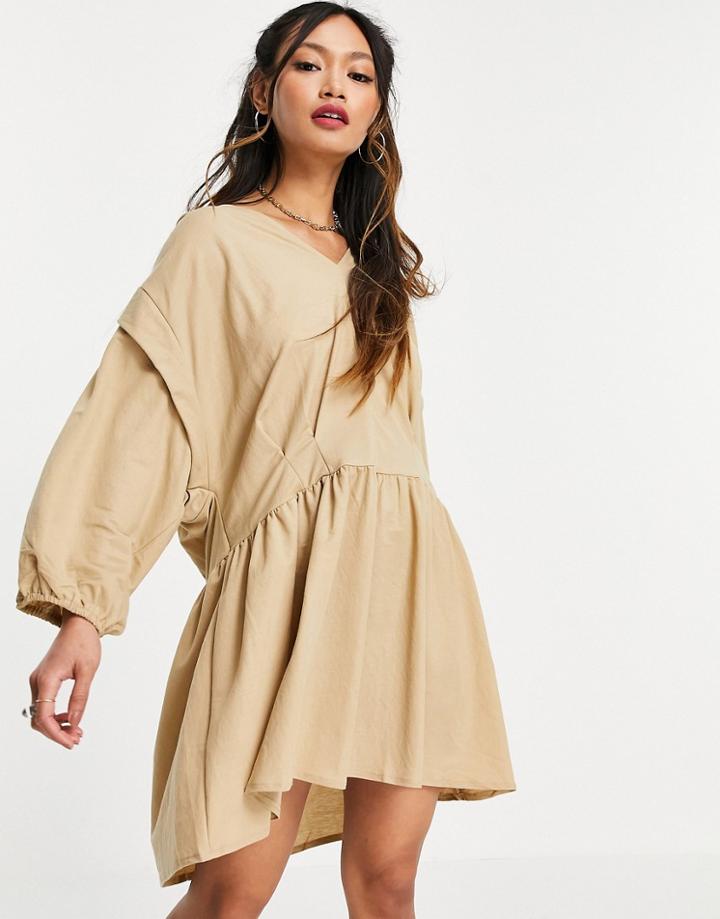 Mango V-neck Mini Smock Dress In Camel-neutral