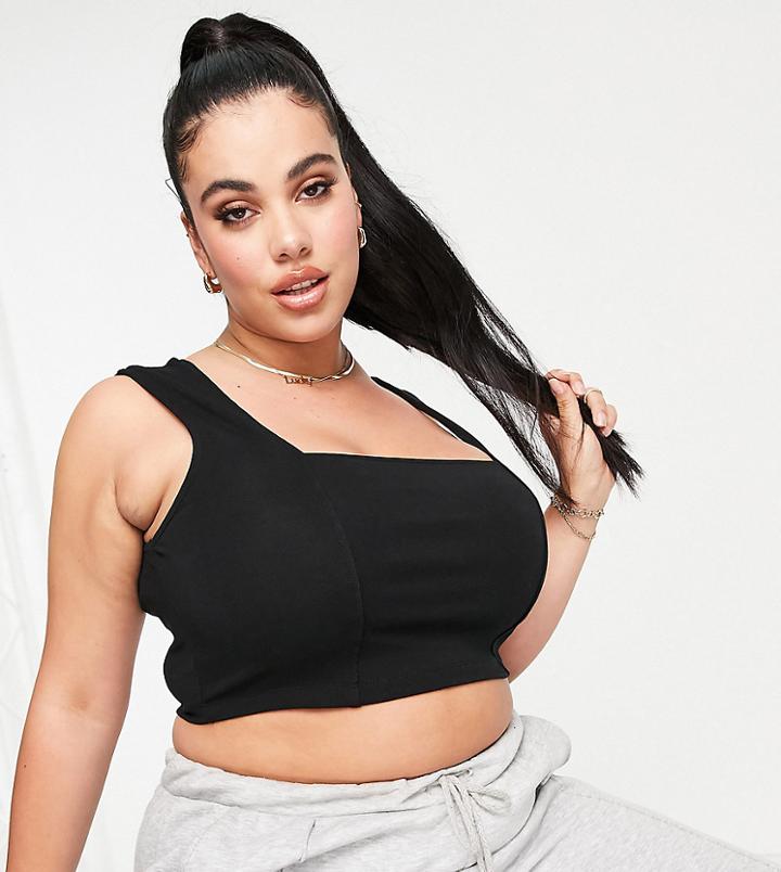 Asos Design Curve Crop Cami Top With Square Neck And Seam Detail In Black