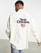 Asos Design Extreme Oversized Collegiate Twill Shirt In Ecru With Back City Print-neutral