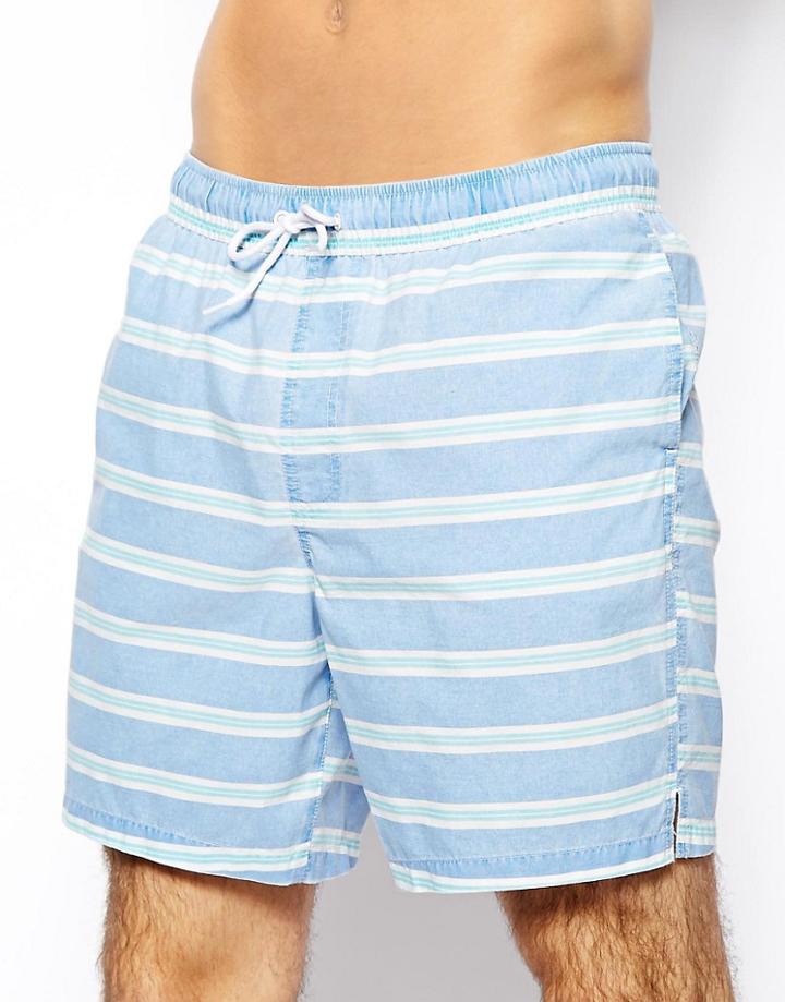 Asos Stripe Swim Shorts In Mid Length - Blue