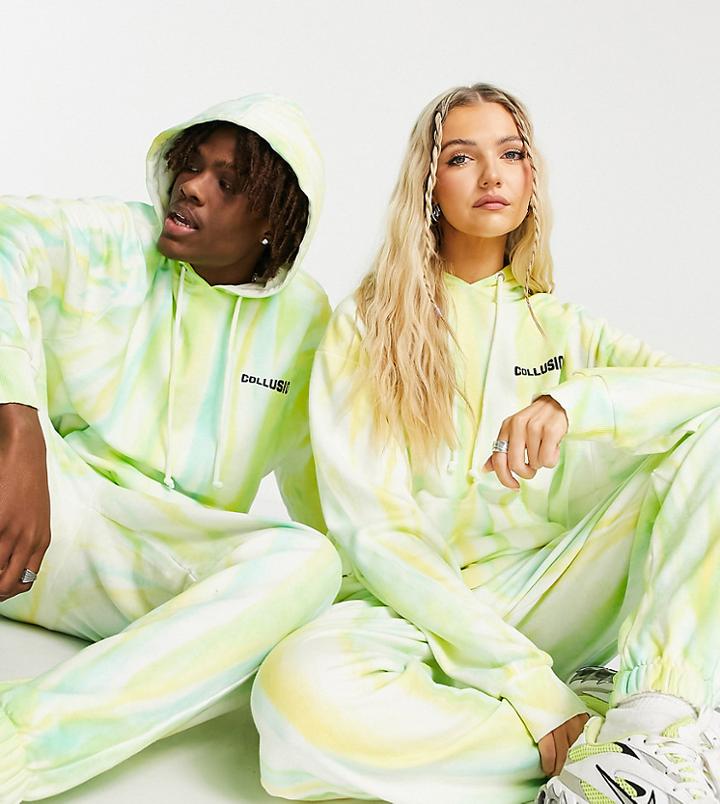 Collusion Unisex Tie Dye Hoodie With Embroidery In Green - Part Of A Set