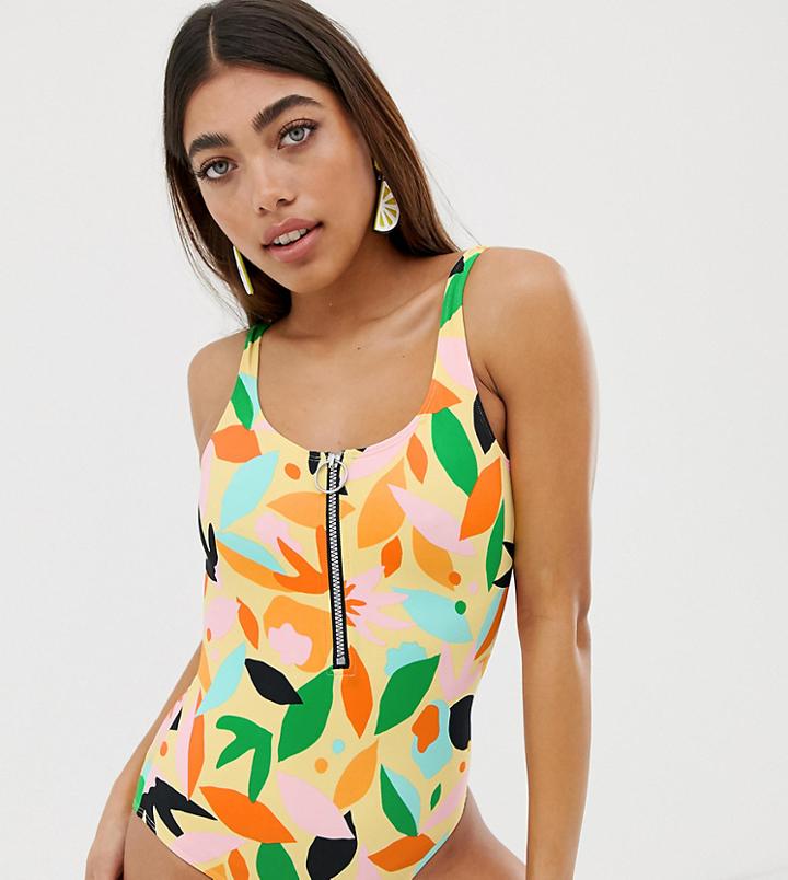 Monki Zip Up Abstract Print Swimsuit In Multi - Multi