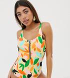 Monki Zip Up Abstract Print Swimsuit In Multi - Multi