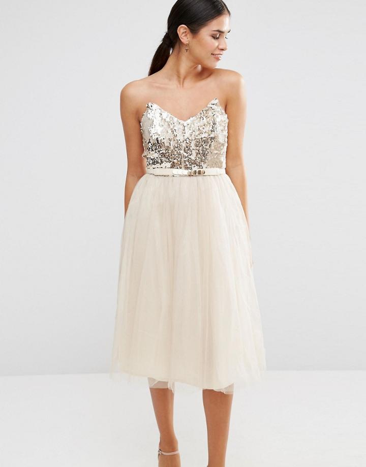 Little Mistress Bandeau Skater Dress With Sequin Body - Cream