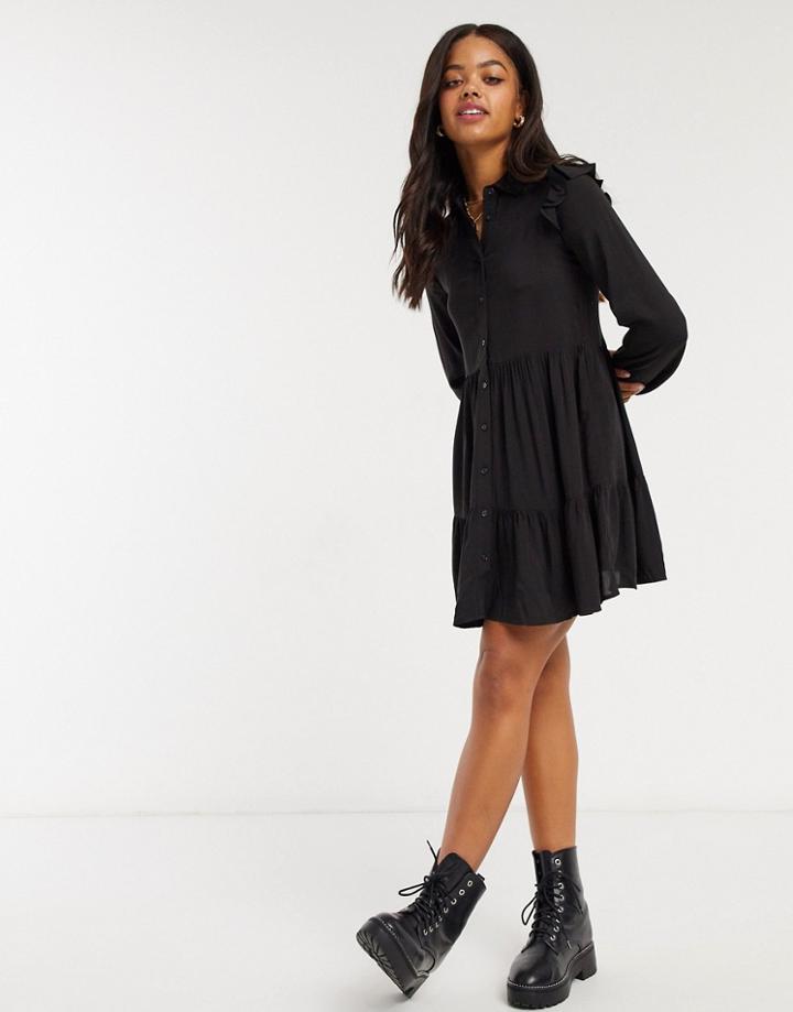 Stradivarius Shirt Dress With Shoulder Frill Detail In Black