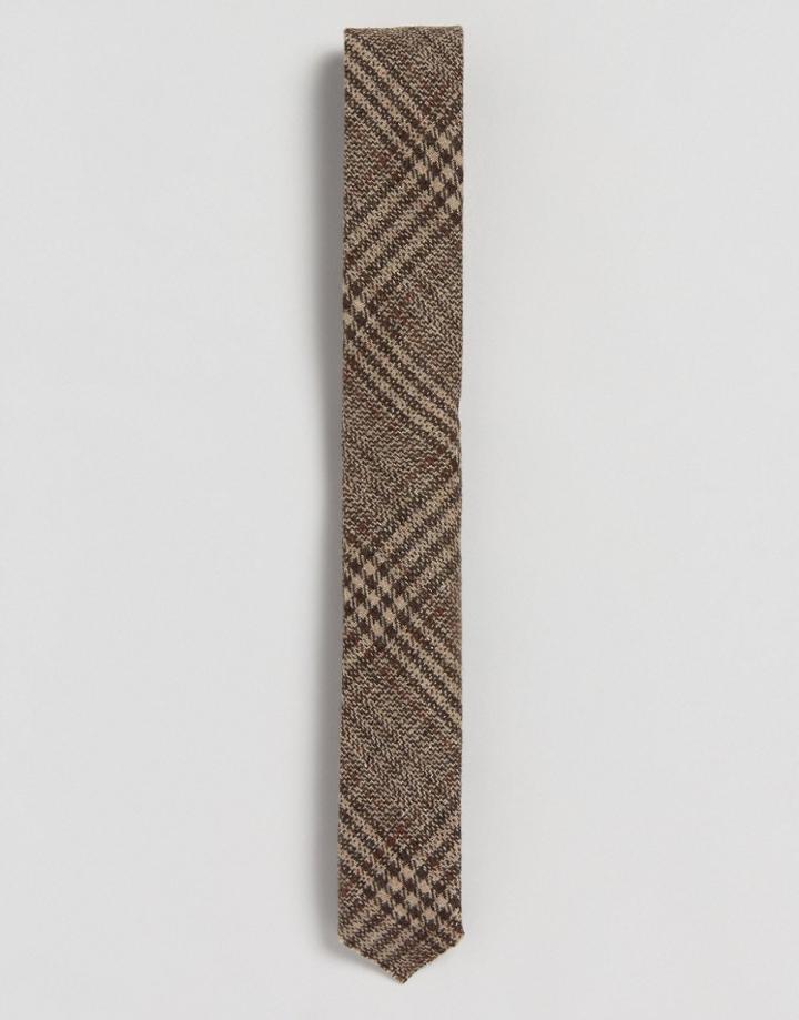 Asos Tie In Check With Frayed Edge In Wool Mix - Brown