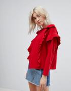 Bershka Frill Front Sweater - Red