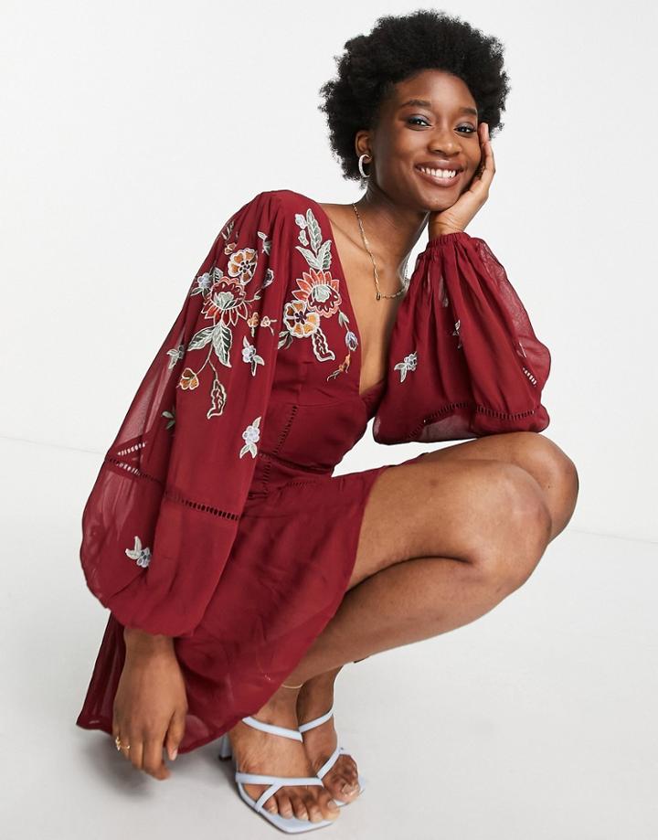 Asos Design Embroidered Plunge Neck Smock Romper In Berry-purple