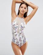 Asos Sweet Floral Print Cupped U Wire Fishnet Insert Swimsuit - Pretty Floral
