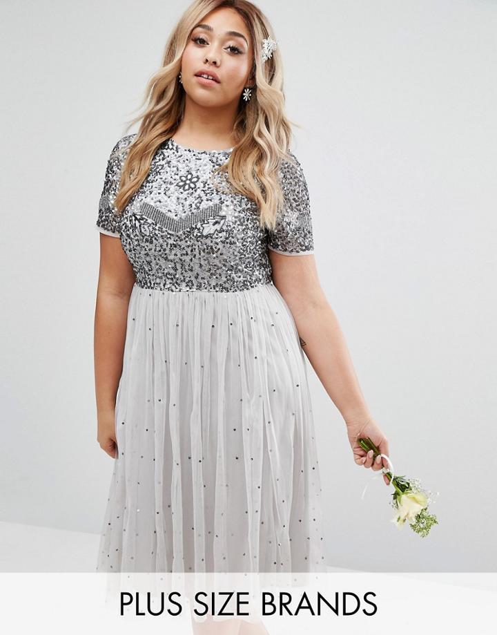 Lovedrobe Luxe Cap Sleeve Floral Embellished Dress With Tulle Midi Ski