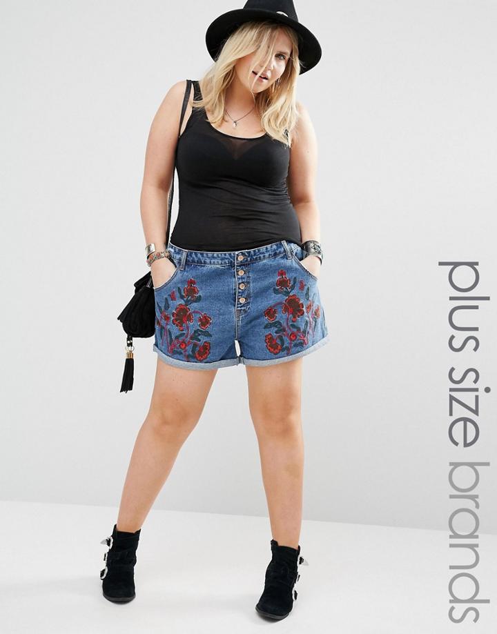 Alice & You Denim Shorts With Floral Embroidery - Blue