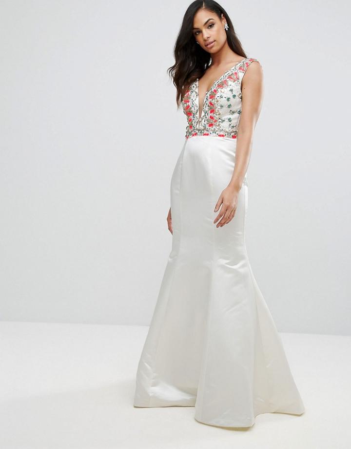 Jovani Fishtail Maxi Dress With Embrodiered Detail - White
