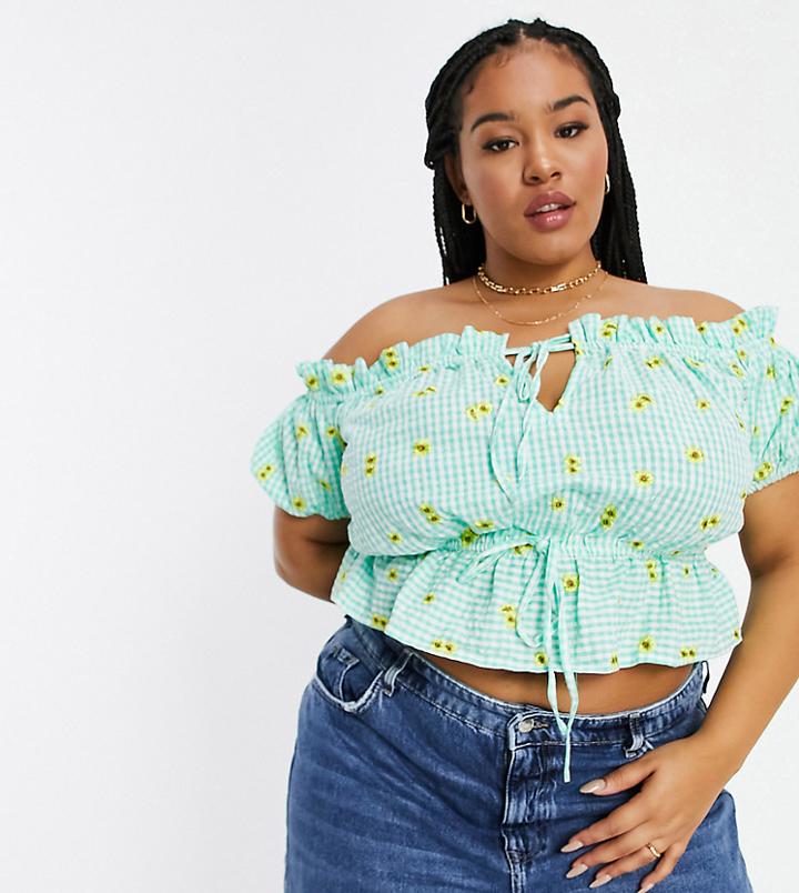 Asos Design Curve Square Neck Top In Green Gingham With Floral Embroidered Detail-multi