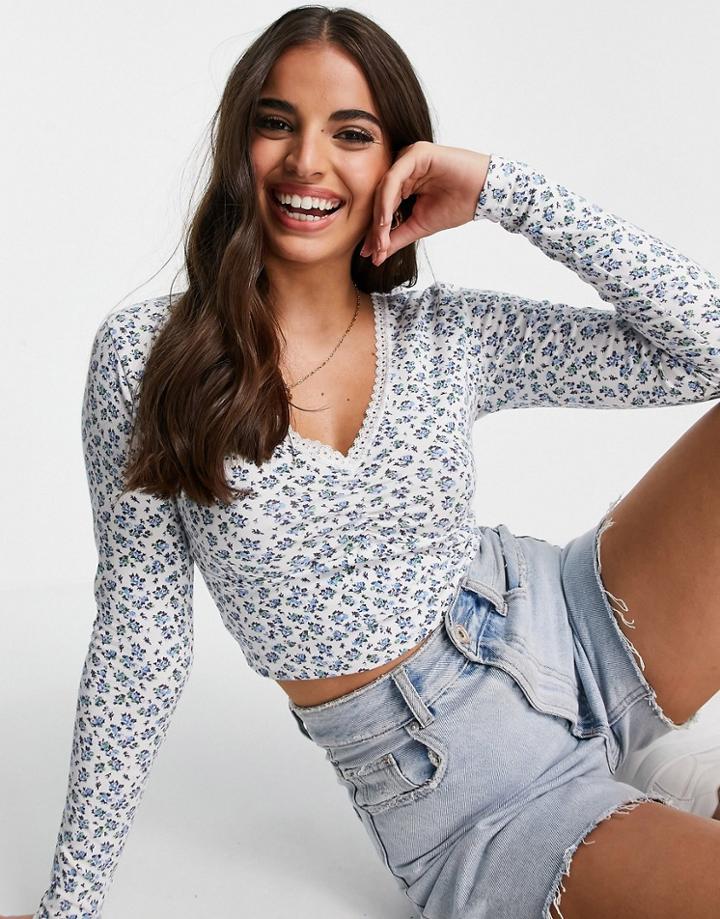 Asos Design Fitted Top With V Neck And Lace Trim In Floral Print-multi