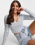 Asos Design Fitted Top With V Neck And Lace Trim In Floral Print-multi