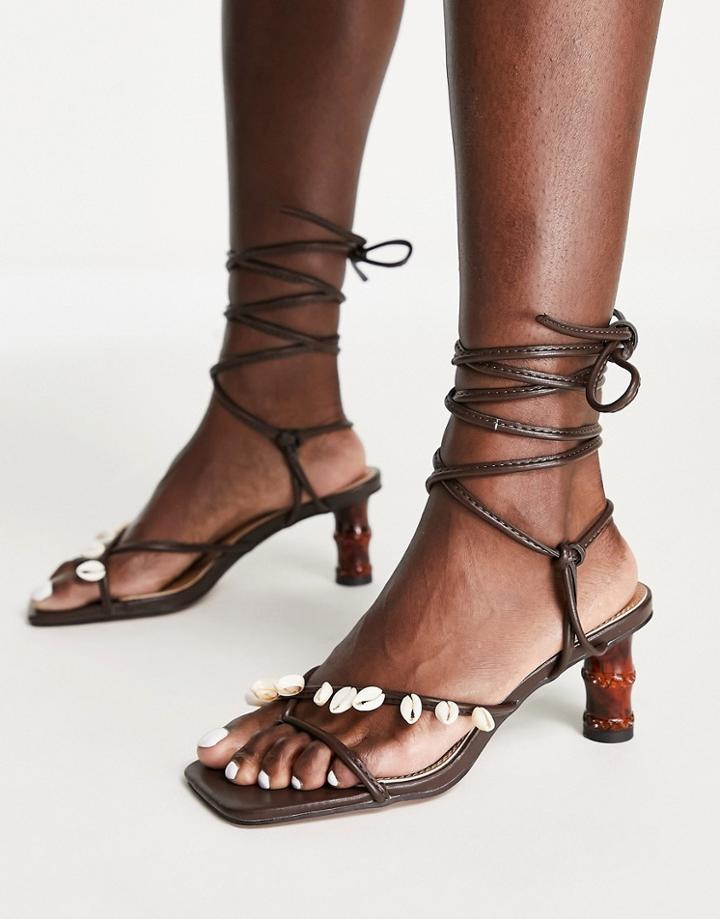 Asos Design Honour Shell Detail Tie Leg Mid Heeled Sandals In Brown