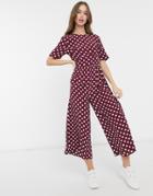 Asos Design Tea Jumpsuit With Button-back Detail In Burgundy And White Dots-multi