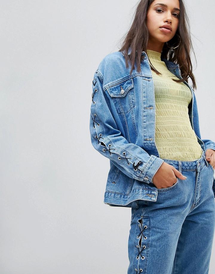 Chorus Lace Up Sleeves Oversized Denim Jacket - Blue