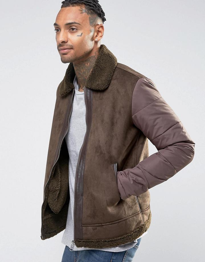 Criminal Damage Suedette Jacket With Faux Fur Collar - Brown